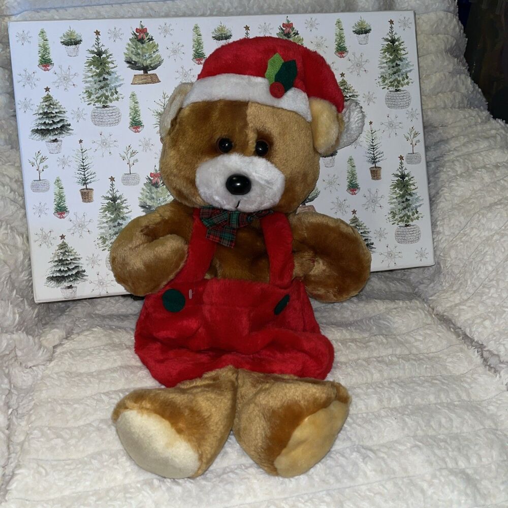 Santa’s Best Vintage 80s Teddy Bear 20” Plush Stocking Pouch Bear Red Overalls